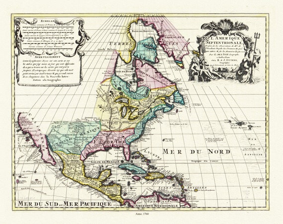 L'Amérique septentrionale. Dressée sur les observations de mrs. de l'Academie royale des sciences. & quelques autres, 1760, on canvas,22x27"