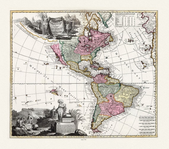 Visscher, Americae tam Septentrionalis Quam Meridionalis in Mappa Geographica Deliniatio, 1740 Ver. I, map , 50 x 70 cm, 20 x 25" approx.