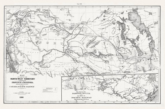 North West Territory and Manitoba, 1880, CPR, map on durable cotton canvas, 50 x 70 cm, 20 x 25" approx.