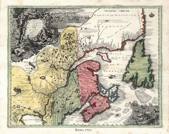 Canada, Nouvelles France, 1720, Seutter auth., map on heavy cotton canvas, 50x70cm (20 x 25") approx.