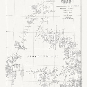 Neufundland, Eine handgezeichnete Karte, die die Position der Schiffswracks um die Küste zeigt, R.White auth., 1904, auf Leinwand, 45 x 65 cm, 18 x 24" ca.