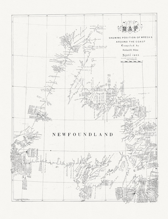 Newfoundland, A handrawn  Map showing position of shipwrecks around the coast, R.White auth., 1904, on canvas, 45 x 65 cm, 18 x 24" approx.