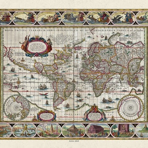 Coronelli, Nova Totius Terrarum Orbis Geographica, 1606 Ver. D,Carte sur toile de coton lourd, 22x27in. Environ.