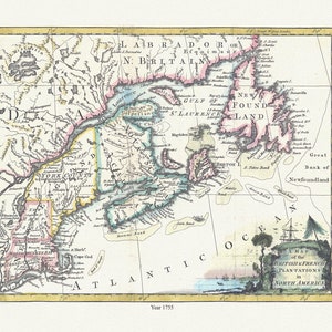 Eine Karte der britischen & französischen Plantagen in Nordamerika, 1755, Karte auf strapazierfähiger Baumwollleinwand, 50 x 70 cm, 20 x 25" ca.