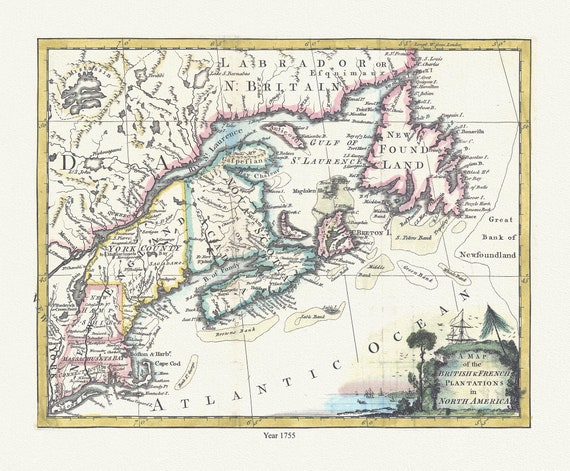 A map of the British & French plantations in North America, 1755, map on durable cotton canvas, 50 x 70 cm, 20 x 25" approx.