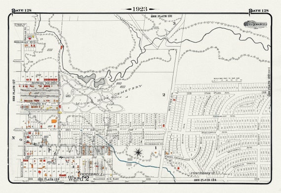 Plate 128, Toronto Uptown East, Leaside, Mount Hope Cemetery, 1923, Map on heavy cotton canvas, 18x27in. approx.