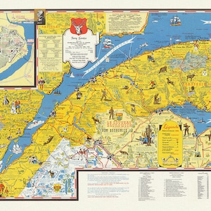 Quebec: Carte de vacanes, Quebec et la Gaspesie  Holiday guide, 1959, map on heavy cotton canvas, 22x27" approx.