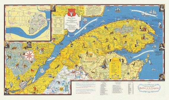 Quebec: Carte de vacanes, Quebec et la Gaspesie  Holiday guide, 1959, map on heavy cotton canvas, 22x27" approx.