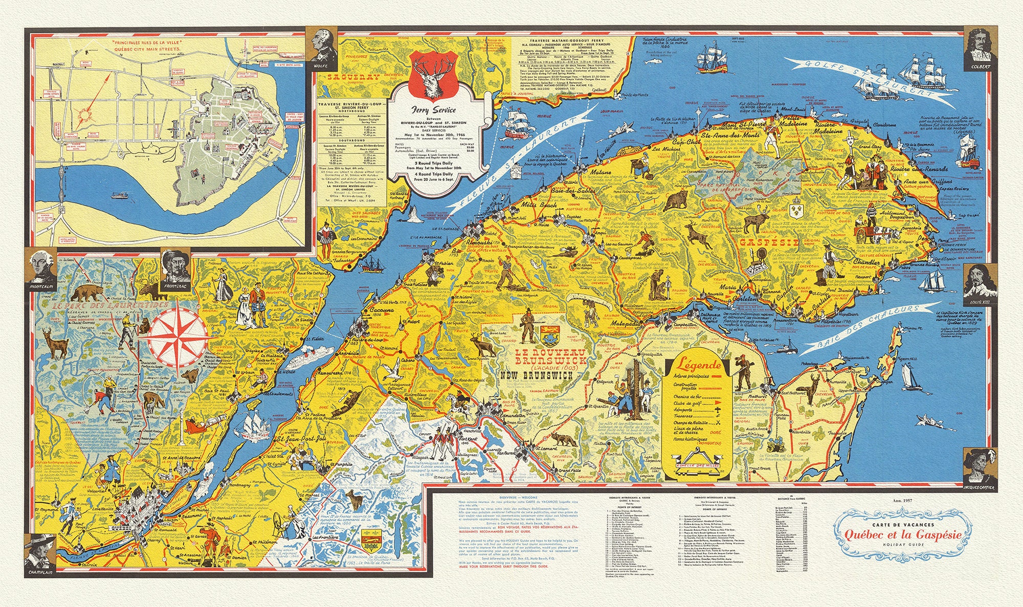 Quebec Carte De Vacanes Quebec Et La Gaspesie Holiday Guide 1959 Map On Heavy Cotton Canvas