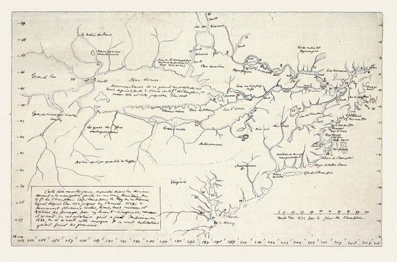 Champlain (1574-1635) et Thoreau-Carte de la Nouvelle France, 1632, map on heavy cotton canvas, 22x27" approx.