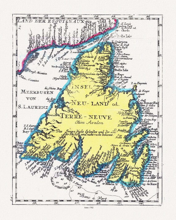 Newfoundland: Insel Neu Land od. Terre Neuve olirn Avalon, 1762  , map on heavy cotton canvas, 50 x 70 cm, 20 x 25" approx.