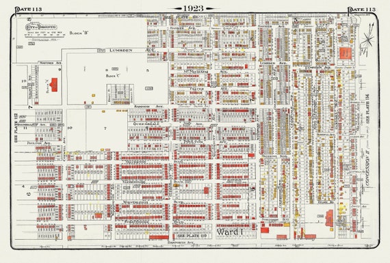 Plate 113, Toronto East York, Woodbine Ave. North of Danforth, 1923, Map on heavy cotton canvas, 18x27in. approx.