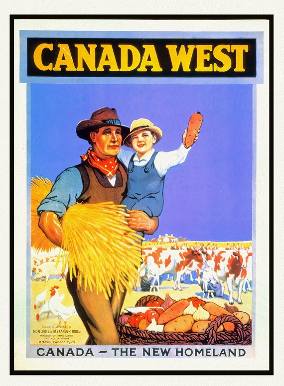 Canada West, The New Homeland Ver. II, vintage travel poster reprinted on durable cotton canvas, 50 x 70 cm, 20 x 25" approx.