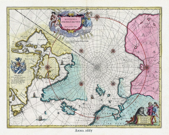 Arctic, 1665, Blaeu auth , map on heavy cotton canvas, 50 x 70cm, 20 x 25" approx.