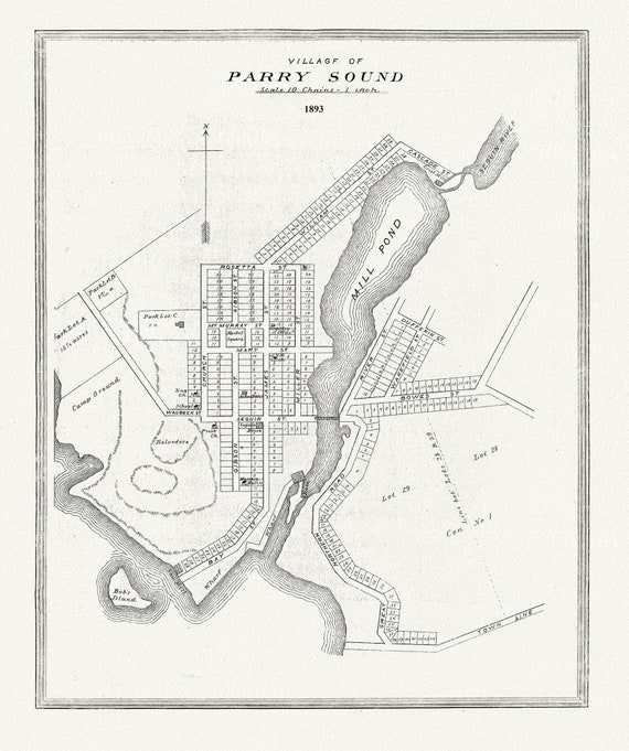 Muskoka-Haliburton, Parry Sound Village, 1893, map on heavy cotton canvas, 20 x 25" approx.