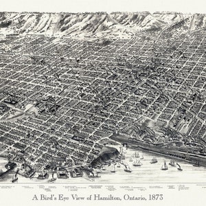 Hamilton, Ontario, A Bird's eye view, 1893, Landkarte auf strapazierfähiger Baumwollleinwand, 50 x 70 cm, 20 x 25" ca.