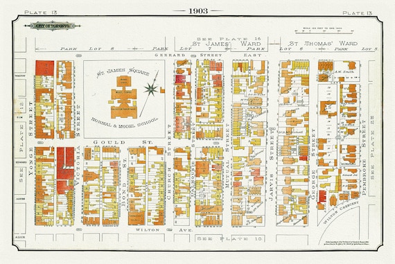 Plate 13, Toronto Downtown East, St. James Square, 1903, map on heavy cotton canvas, 20 x 30" or 50 x 75cm. approx.