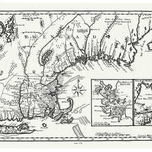 Karte von New England nach neuester Beobachtung, 1720, Neal auth., Karte auf strapazierfähiger Baumwollleinwand, 50 x 70 cm, 20 x 25" ca.