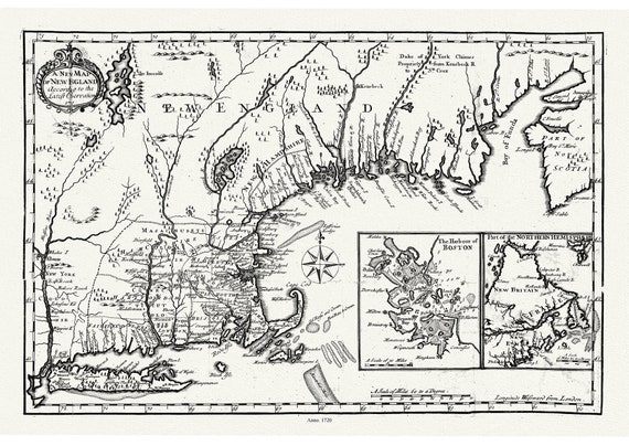 Map of New England According to the Latest Observation, 1720, Neal auth., map on durable cotton canvas, 50 x 70 cm, 20 x 25" approx.