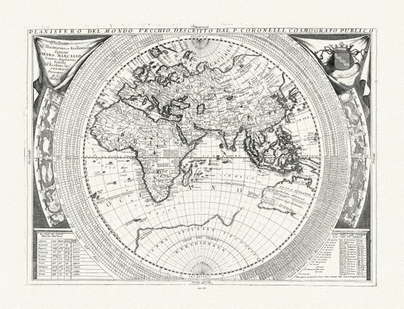 Coronelli, Planisfero del Mondo Vecchio, 1693, Map on heavy cotton canvas, 22x27in. approx.