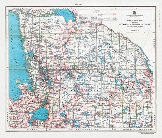 Topographic Map showing the Algonquin Provincial Park and surrounding country in the Province of Ontario, 1946, cotton canvas, 22x27"