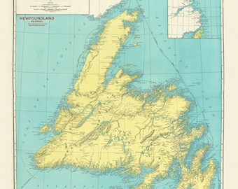 Rand McNally & Company, Commercial Atlas, Newfoundland, 1924, Printed on Heavy Natural Cotton Canvas, approx. 20x24&quot;