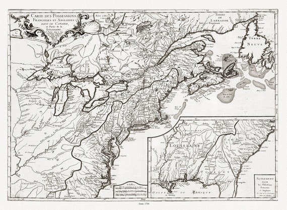 Longchamps et Thevenard, Carte des possessions françoises et angloises dans le Canada, et partie de la Louisiane, 1756, on canvas, 22x27"