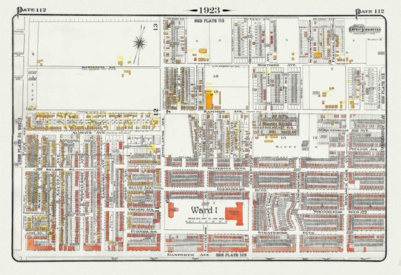 Plate 112, Toronto East York, Pape & Danforth,  Northeast, 1923, Map on heavy cotton canvas, 18x27in. approx.