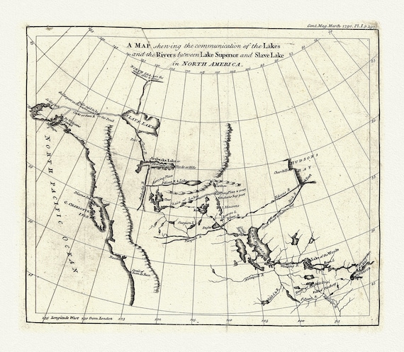 A map shewing the communication of the lakes and rivers between Lake Superior and Slave Lake in N. America, 1790, on canvas, 22x27" approx.