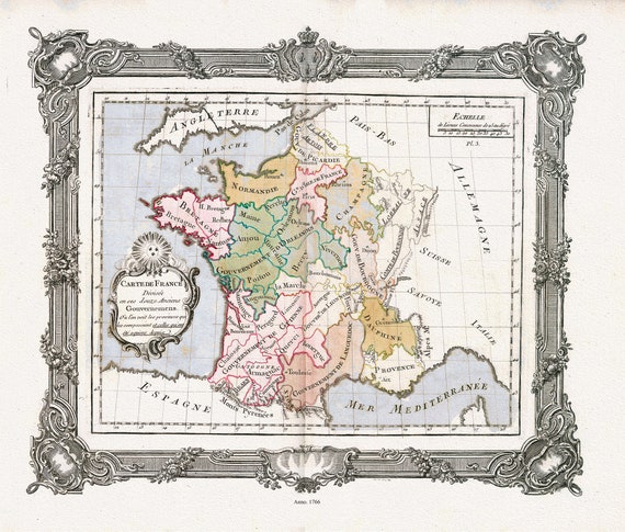 Brion de la Tour, Carte de France divisee en ses douze anciens Gouvernemens, 1766 ,une carte sur toile de coton épais, 56x70cm environ