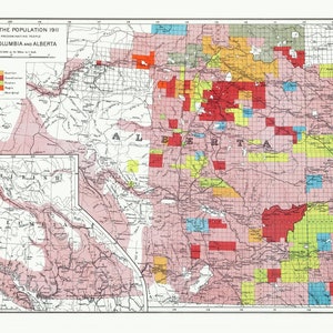 Departamento del Interior, Origen de la población de Columbia Británica y Alberta, 1911, publicado en 1915, lienzo de algodón grueso, 22 x 27 pulgadas aproximadamente.
