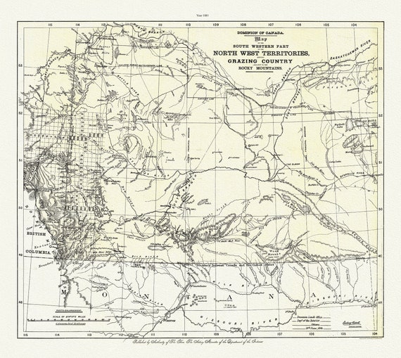 Map of  South Western Part of the North West Territories shewing grazing country adjacent to the Rocky Mountains,1881, canvas, 20 x 25"