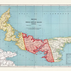 Provinz Prince Edward Island, Kanada, 1925, Vintage Karte auf langlebiger Baumwollleinwand, 50 x 70 cm oder 20x25" ca.