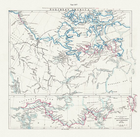 Arctic Expeditions in Northern America,1857, Arrowsmith auth., map on durable cotton canvas, 50 x 70 cm, 20 x 25" approx.