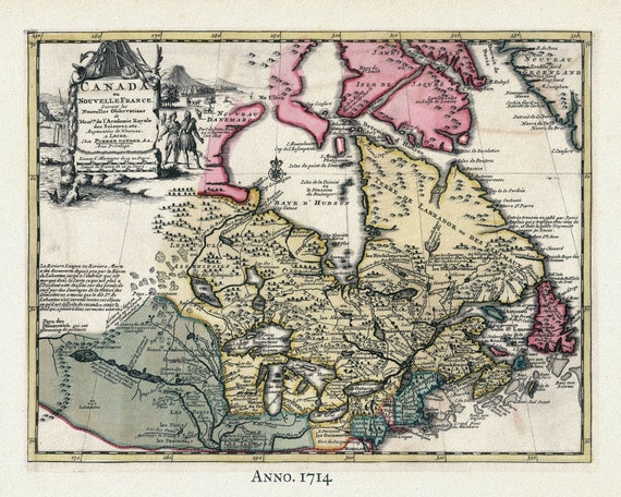 Nouvelles France, 1714, Pieter van der Aa auth. , map on heavy cotton canvas, 50 x 70cm, 20 x 25" approx.