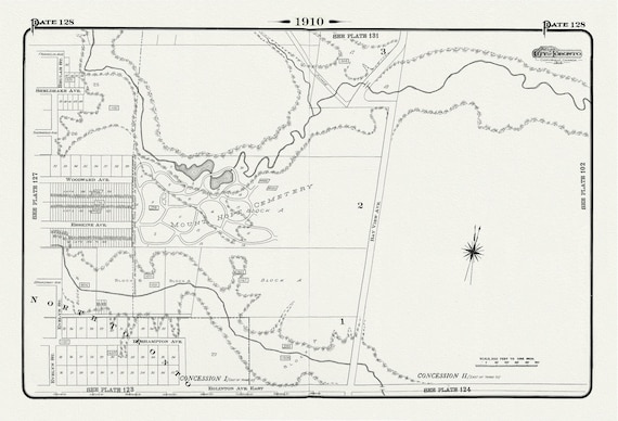 Plate 128, Toronto Uptown East, Leaside, Mount Hope Cemetery, 1910, map on heavy cotton canvas, 20 x 30" approx.