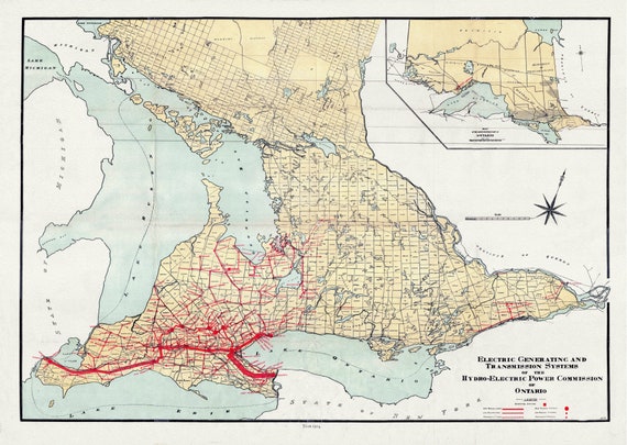 The Electric Generating and Transmission Systems of the Hydro, Electric Power Commission of Ontario, 1914 , map on  canvas, 22x27" approx.