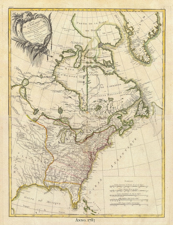 North America II, 1783, Bonne auth., map on heavy cotton canvas, 50 x 70cm, 20 x 27" approx.