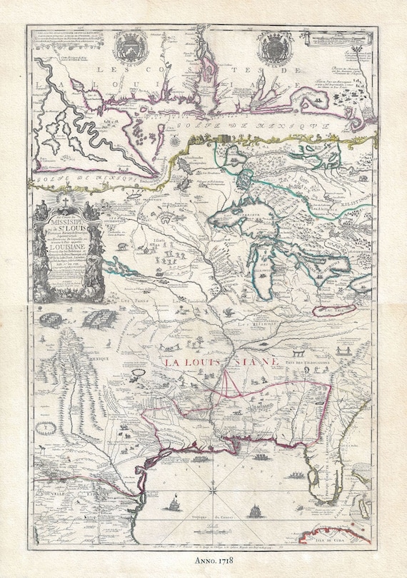 Louisiana & Great Lakes, 1718, de Fer auth. , map on heavy cotton canvas, 50 x 70cm, 20 x 27" approx.