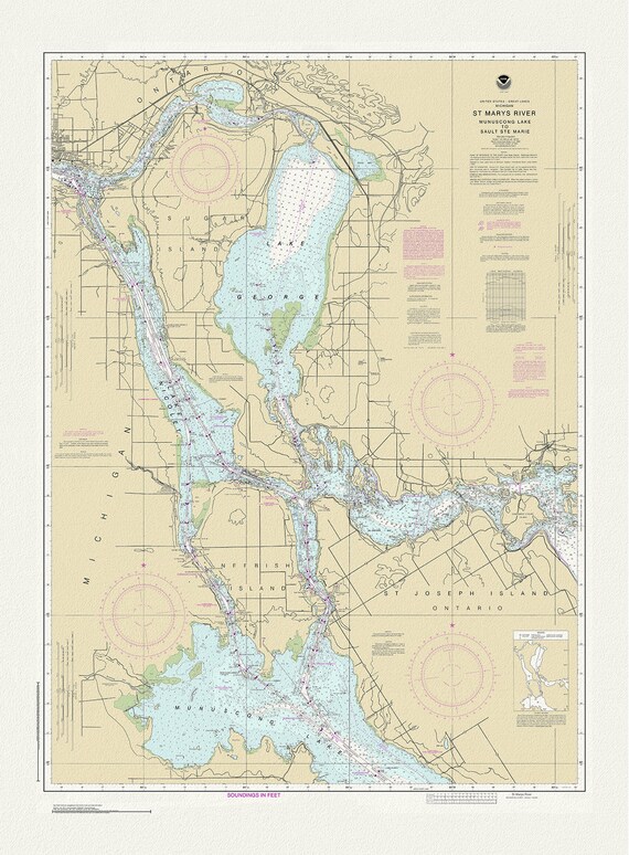 St. Mary's River, Manuscong Lake to Sault Ste Marie, 1983 , map on durable cotton canvas, 50 x 70 cm or 20x25" approx.