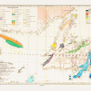 Erdkarte kanada und neufundland, 1875, Karte auf schwerer Baumwollleinwand, 45 x 65 cm, 18 x 24" ca.