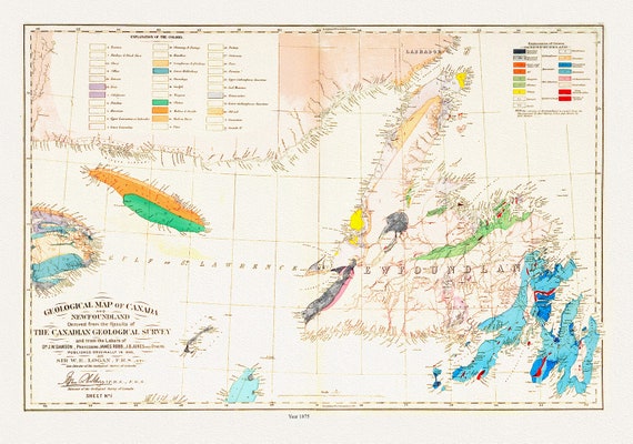 Geological map of Canada and Newfoundland, 1875 , map on heavy cotton canvas, 45 x 65 cm, 18 x 24" approx.