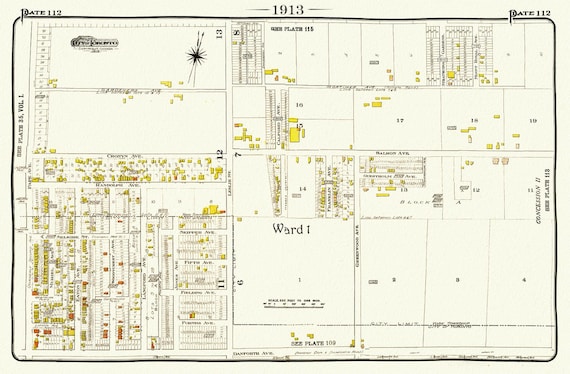 Plate 112, Toronto East, Danforth Pape, Leslie North, 1913, map on heavy cotton canvas, 20 x 30" or 50 x 75cm. approx.