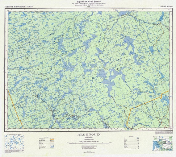 Topographical Map of Algonquin, 1934 , map on heavy cotton canvas, 22x27" approx.