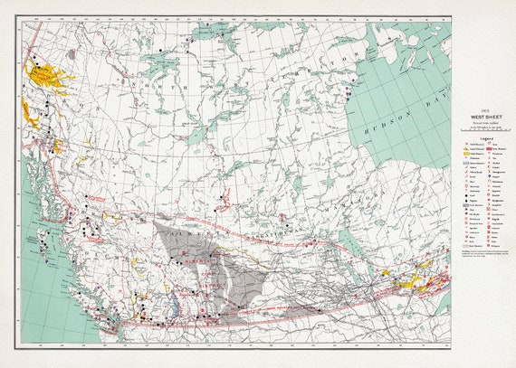 Canada Department of the Interior, West sheet. Mineral map of the Dominion of Canada, 1915, map on heavy cotton canvas, 22x27" approx.