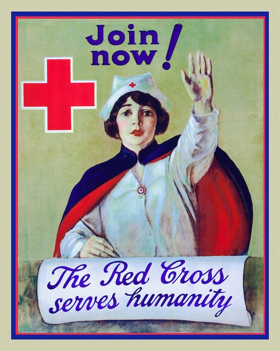 The Red Cross Serves Humanity, Join Now! , vintage war poster on durable cotton canvas, 50 x 70 cm, 20 x 25" approx.