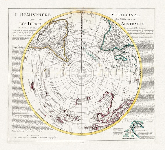 Visscher, Schenk, L'isle et Mortier, L' Hemisphere meridional pour voir plus distinctement les Terres Arctiques, 1740, on canvas, 22x27in