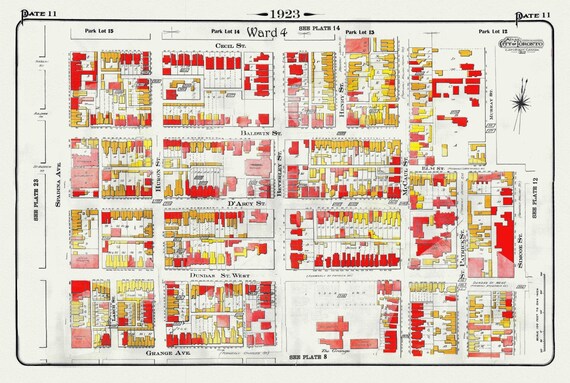 Plate 11, Toronto Downtown West, The Grange, 1923, Map on heavy cotton canvas, 18x27in. approx.