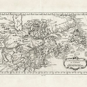 ベリン、カナダのヌーベル フランス、1764 年版2、厚手の綿キャンバスの地図、50 x 70 cm、約20 x 25インチ。