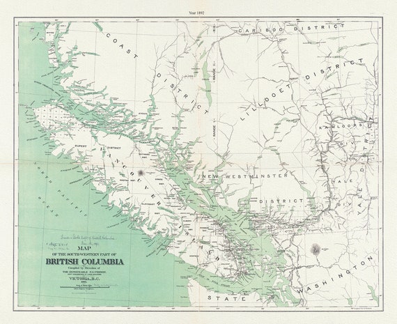 Map of the south-western part of British Columbia, Vernon, 1892, map on durable cotton canvas, 50 x 70 cm, 20 x 25" approx.